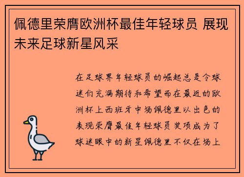 佩德里荣膺欧洲杯最佳年轻球员 展现未来足球新星风采