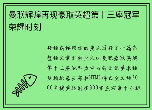 曼联辉煌再现豪取英超第十三座冠军荣耀时刻